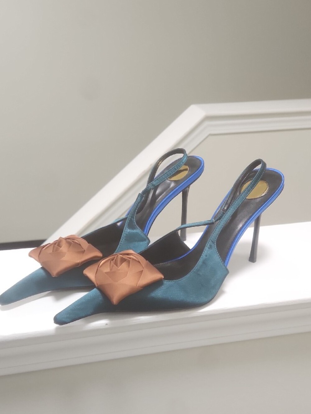Teal Satin Pointed Slingback Pump with Brown Rosette Accent - Picture 3 of 6